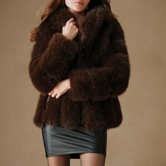Coffee Brown Casual Women's Faux Fox Fur Coat - Picture 6 of 7
